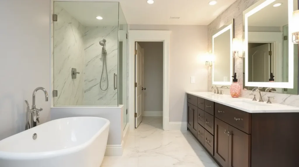 Bathroom Remodeling in Massachusetts featuring custom tile, freestanding tub, glass shower enclosure, and modern lighting.