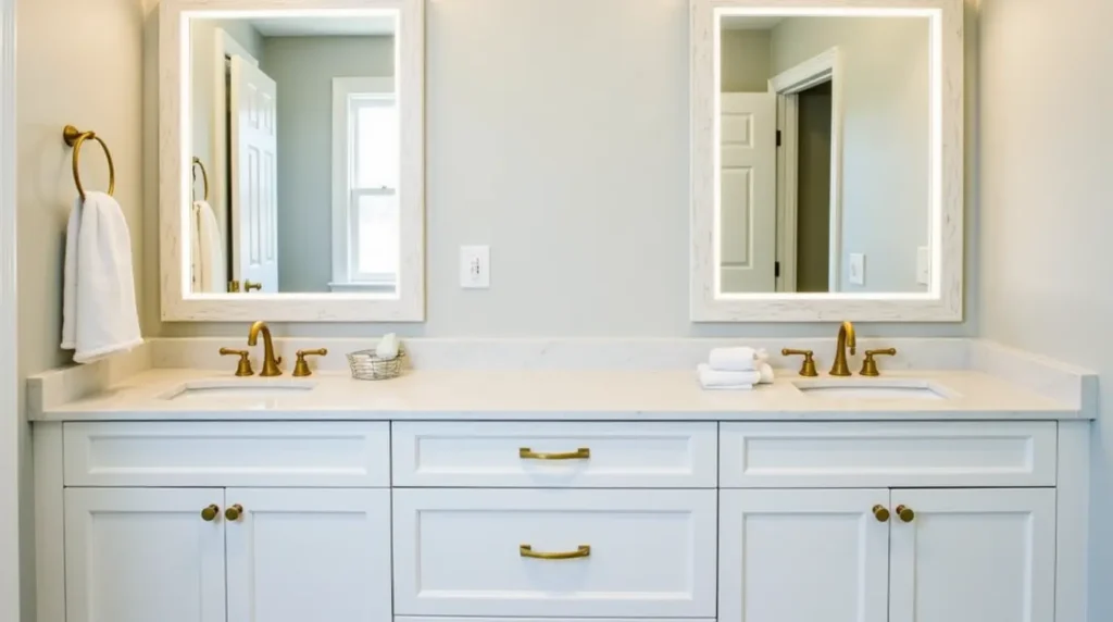 Custom Bathroom Cabinets in Massachusetts with white finish, dual sinks, quartz countertop, and gold fixtures in a luxurious home.