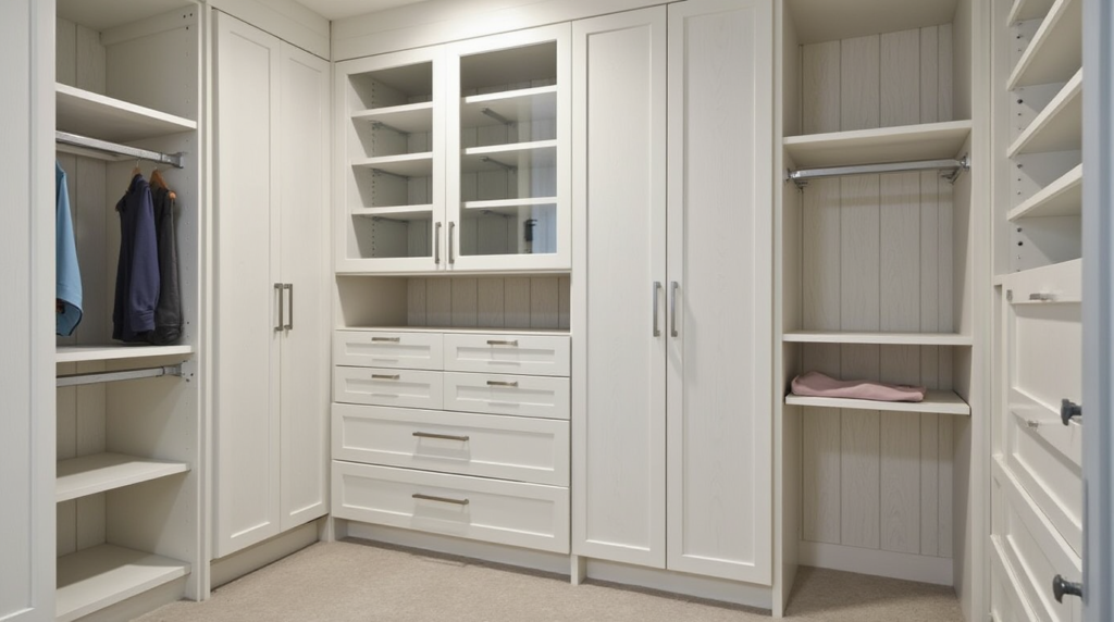 Built-in closet cabinets in Massachusetts with custom drawers, shelves, and soft-close doors in a modern bedroom.