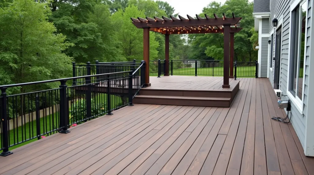 Custom Deck Builders in Massachusetts with composite flooring, black railings, built-in seating, pergola, and LED lighting, surrounded by trees.