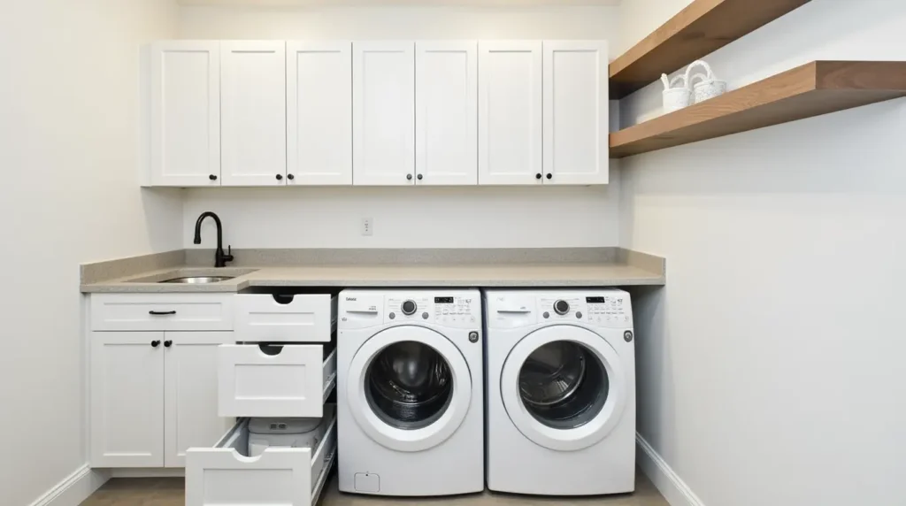 Custom laundry room cabinets in Massachusetts featuring overhead storage, built-in sink base, pull-out hampers, and white shaker-style doors.