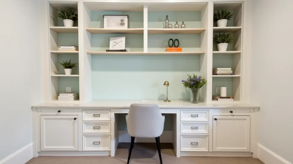 Built-in office cabinets in Massachusetts with custom shelving, integrated desk, and soft lighting in a modern home office setting.