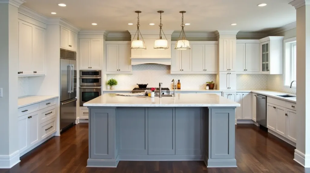 Modern Massachusetts Kitchen Cabinets Company Near Me, island, and upper shelving designed by a local cabinet company.