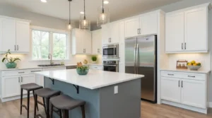 Modern kitchen remodel near me with custom cabinets and island