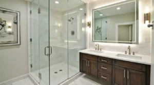 Bathroom remodel near me with custom cabinets and walk-in shower