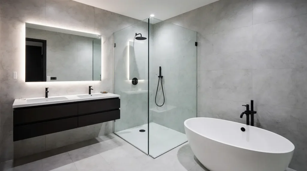 Modern bathroom remodel near me with glass shower and floating vanity