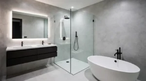 Modern bathroom remodel near me with glass shower and floating vanity