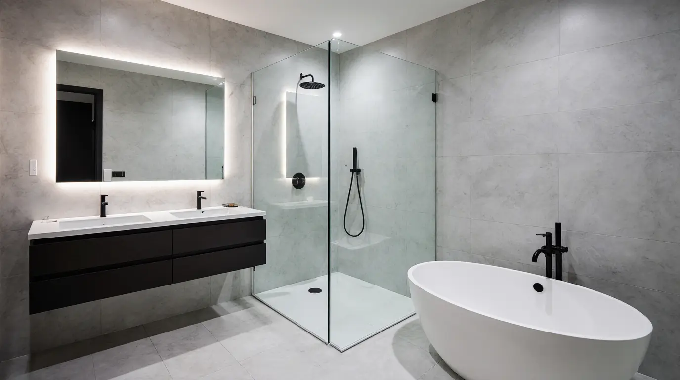 Modern bathroom remodel near me with glass shower and floating vanity