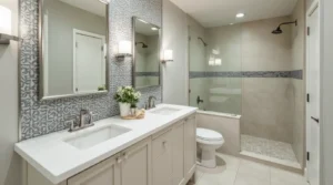 Modern bathroom remodel near me with elegant cabinets and tile.