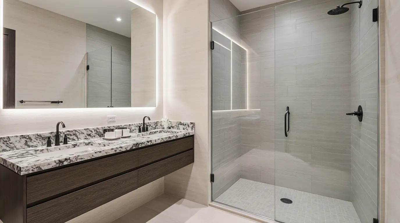Modern bathroom remodel near me tips with floating vanity and glass shower