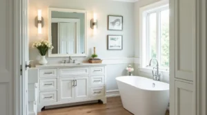 Modern custom bathroom cabinets Massachusetts in a bright and elegant bathroom.
