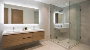 Bathroom remodeling in Wellesley MA with modern vanity and custom lighting
