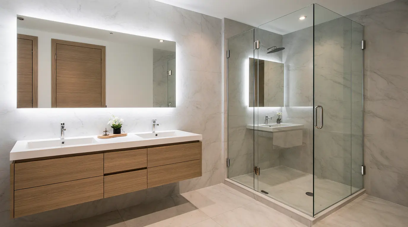 Bathroom remodeling in Wellesley MA with modern vanity and custom lighting