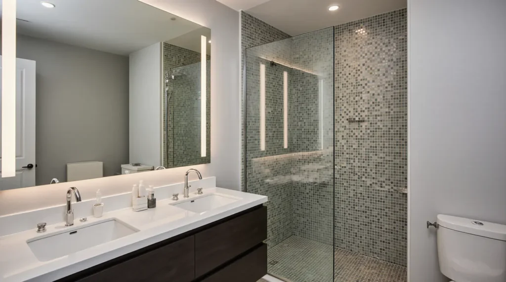Bathroom renovation in Danvers MA with modern vanity and tiled shower