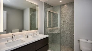 Bathroom renovation in Danvers MA with modern vanity and tiled shower