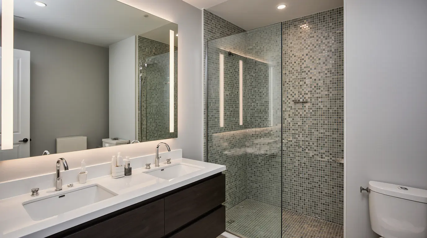 Bathroom renovation in Danvers MA with modern vanity and tiled shower