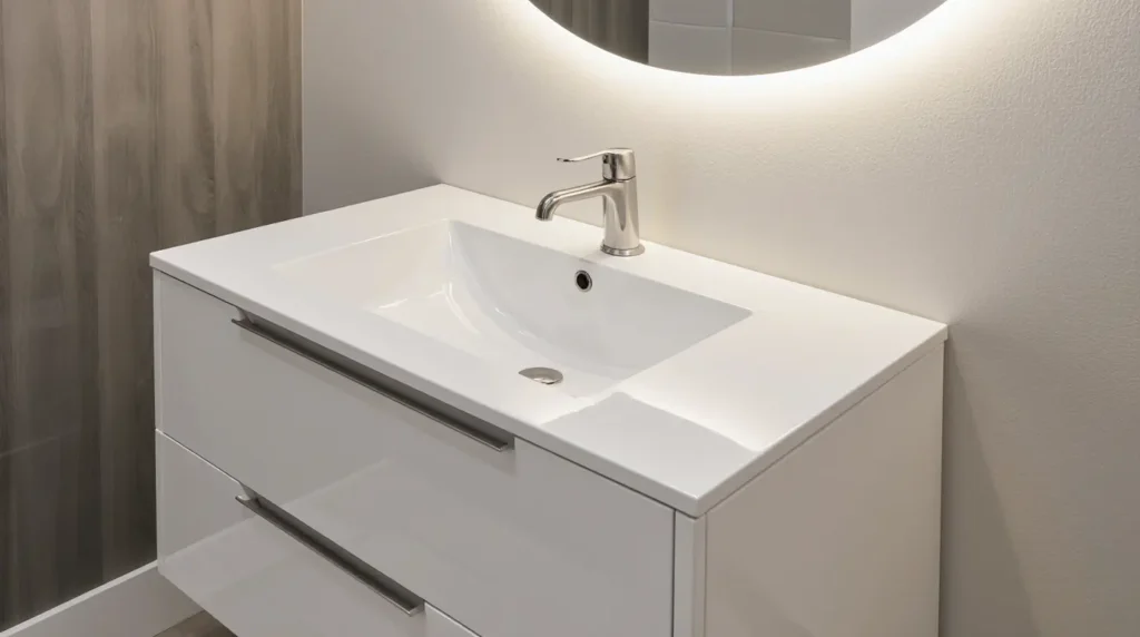 Budget-friendly bathroom renovation near me with white vanity and modern lighting