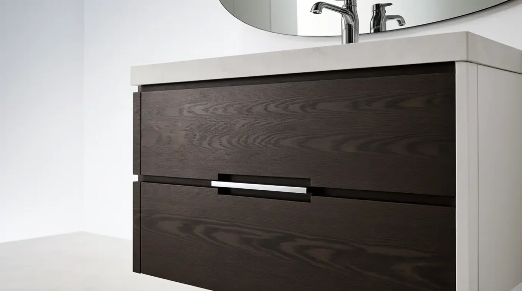 Custom bathroom cabinets in Massachusetts featuring modern finishes and efficient design.