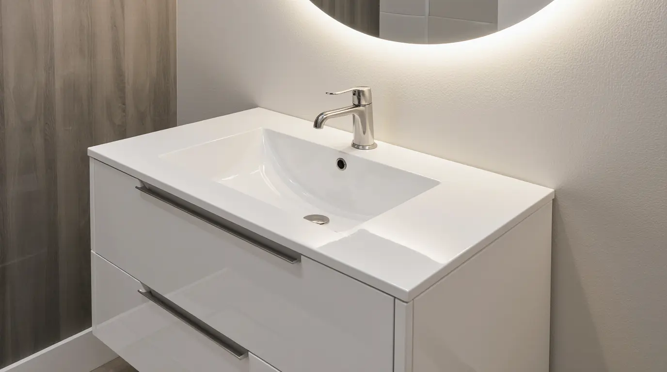 Budget-friendly bathroom renovation near me with white vanity and modern lighting