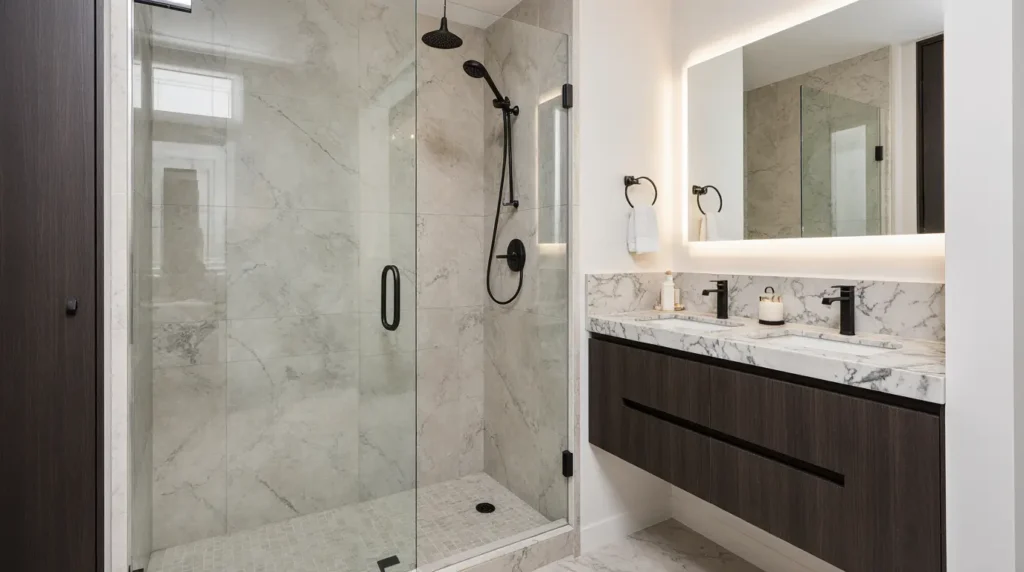 Affordable bathroom renovation cost with modern fixtures in Massachusetts.