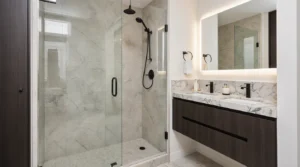 Affordable bathroom renovation cost with modern fixtures in Massachusetts.
