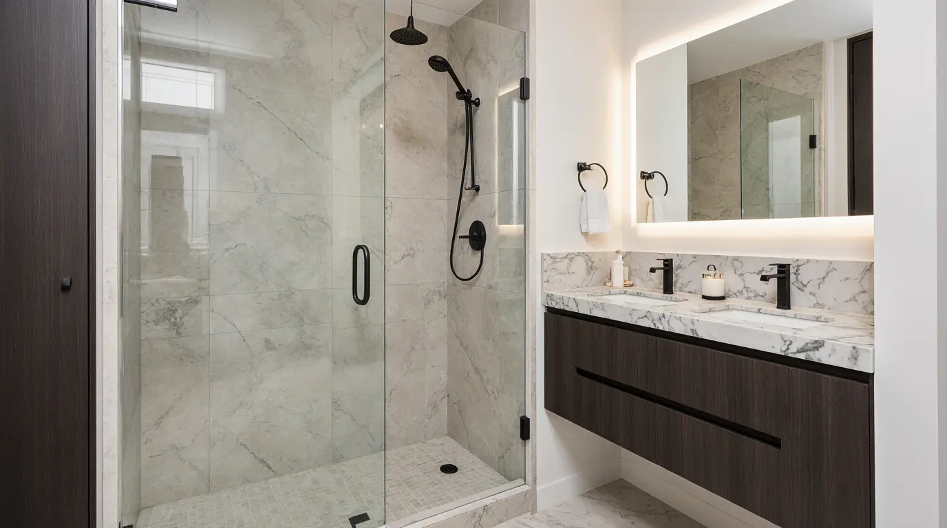 Affordable bathroom renovation cost with modern fixtures in Massachusetts.