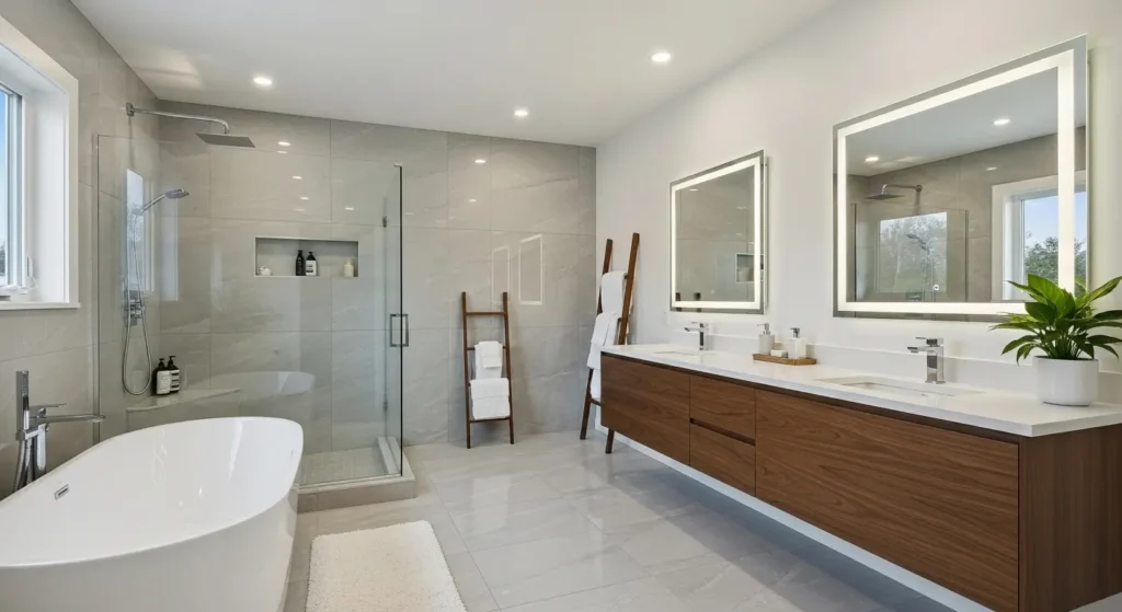 Modern bath renovation near me with elegant tiles, lighting, and stylish fixtures.