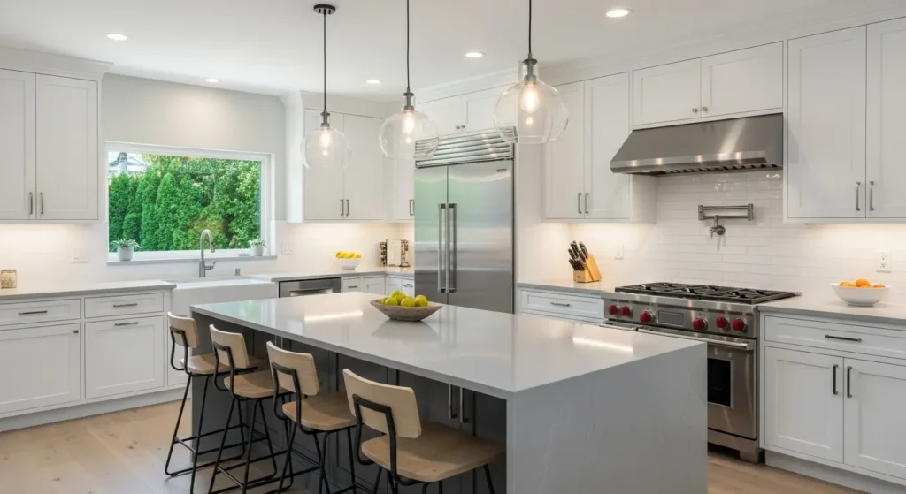 Modern kitchen renovation near me with custom cabinets, stylish island, and updated appliances.