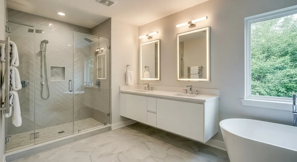 Bathroom remodeling near me with modern vanity, new tiling, and glass shower for a stylish update.