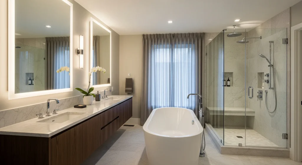 Bathroom value increase with modern fixtures and luxurious design.