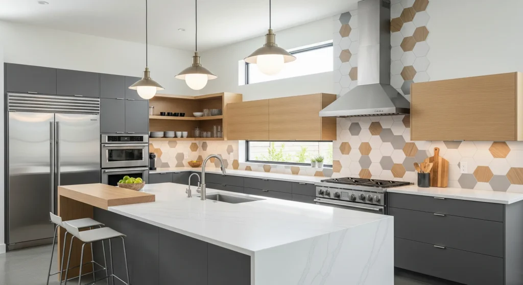 Modern kitchen remodeling near me featuring sleek cabinetry and high-end appliances.