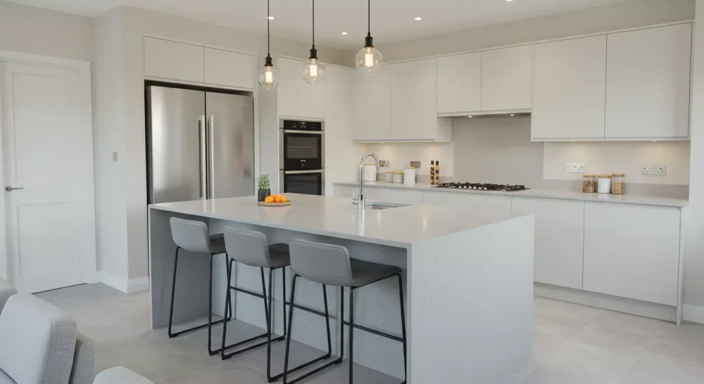 Modern kitchen renovation near me with sleek cabinetry, island, and stainless steel appliances.