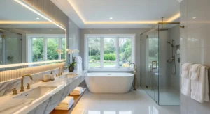 Luxury bathroom remodel near me with spa-like design, marble finishes, and modern fixtures.