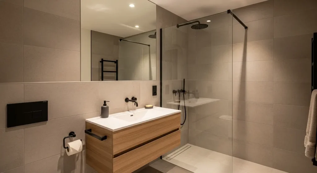 Small bathroom renovation near me with space-saving vanity, glass shower, and modern fixtures.
