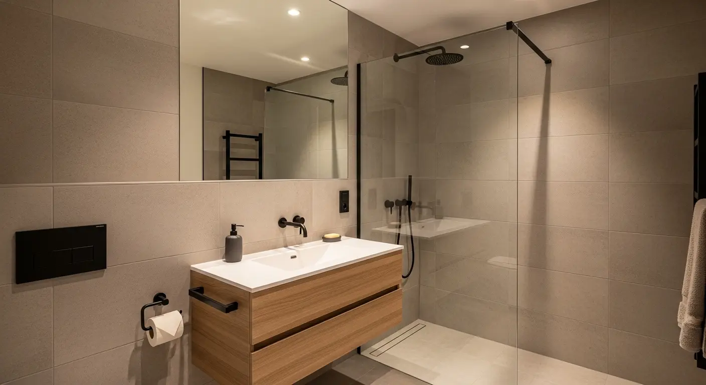 Small bathroom renovation near me with space-saving vanity, glass shower, and modern fixtures.