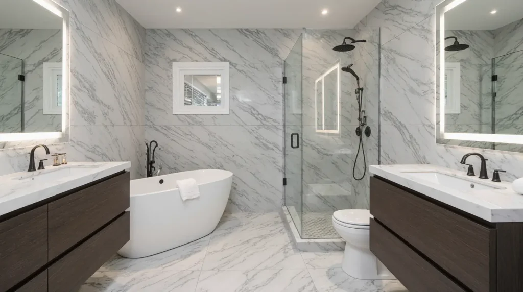 Affordable bathroom renovation near me with updated fixtures, new tiles, and modern design.