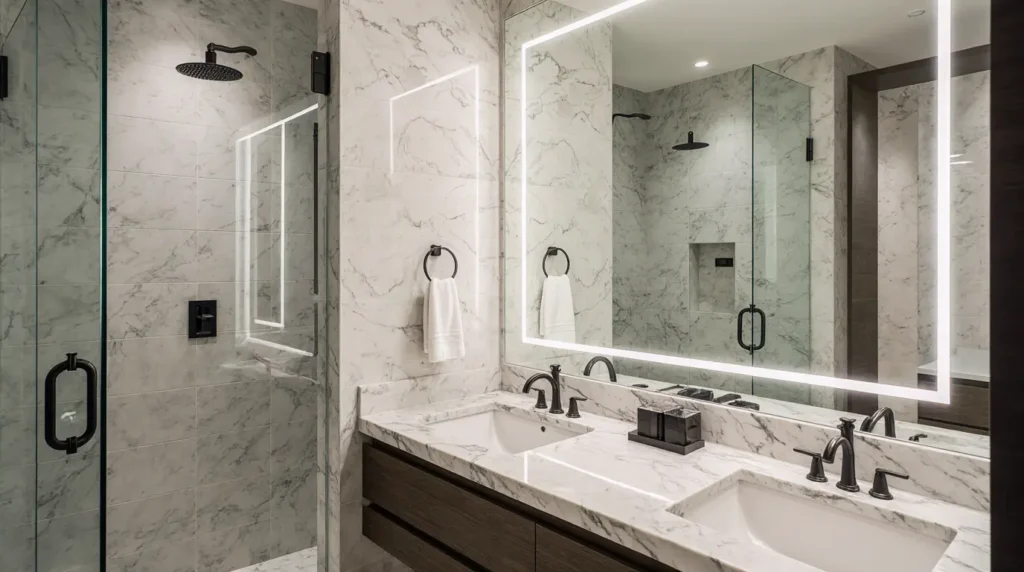 Customer review of bathroom remodel near me with stylish, updated fixtures, and custom finishes by EBM.