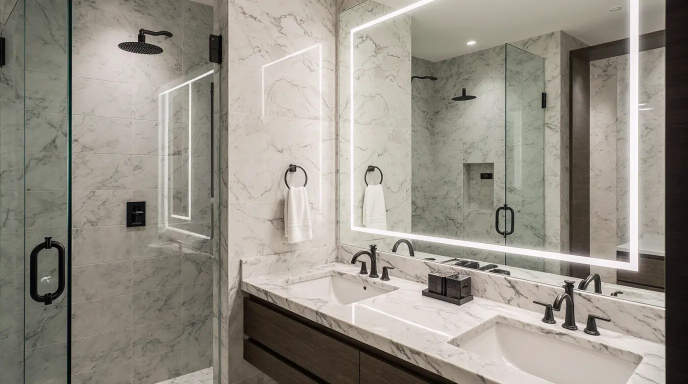 Customer review of bathroom remodel near me with stylish, updated fixtures, and custom finishes by EBM.