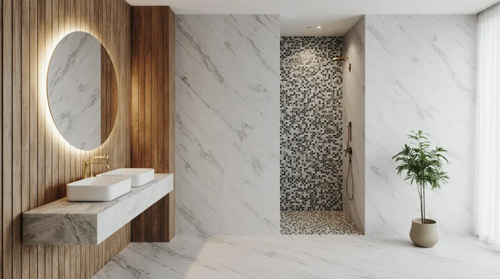 2026 bathroom remodel featuring sustainable materials, smart technology, and luxurious finishes.