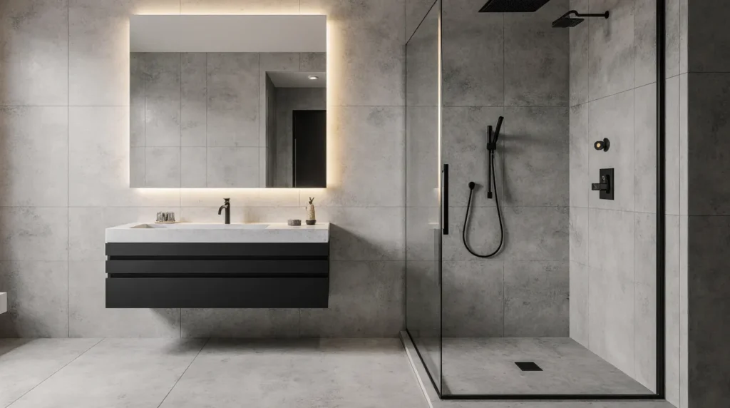 A well-designed functional and stylish bathroom layout, featuring optimized space, efficient fixtures, and a modern aesthetic.