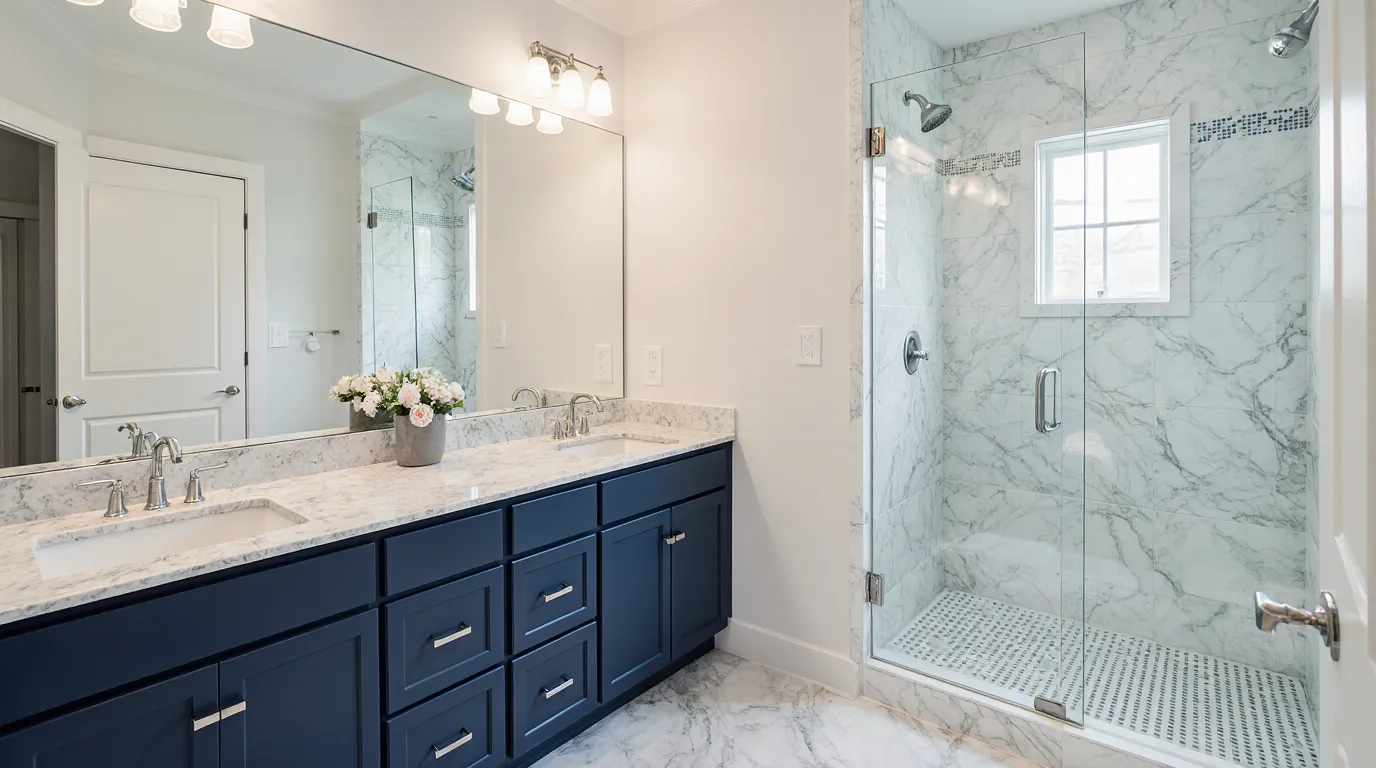 EBM Construction Services bathroom remodeling MA project with custom vanity and glass shower.