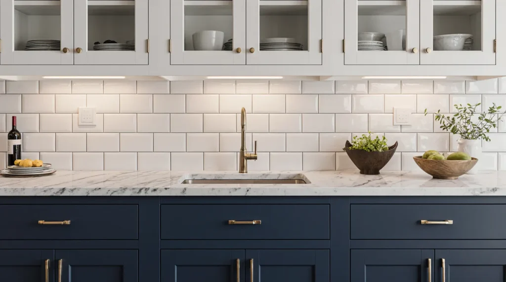 Custom kitchen cabinets MA project with navy blue shaker style and gold hardware by EBM.