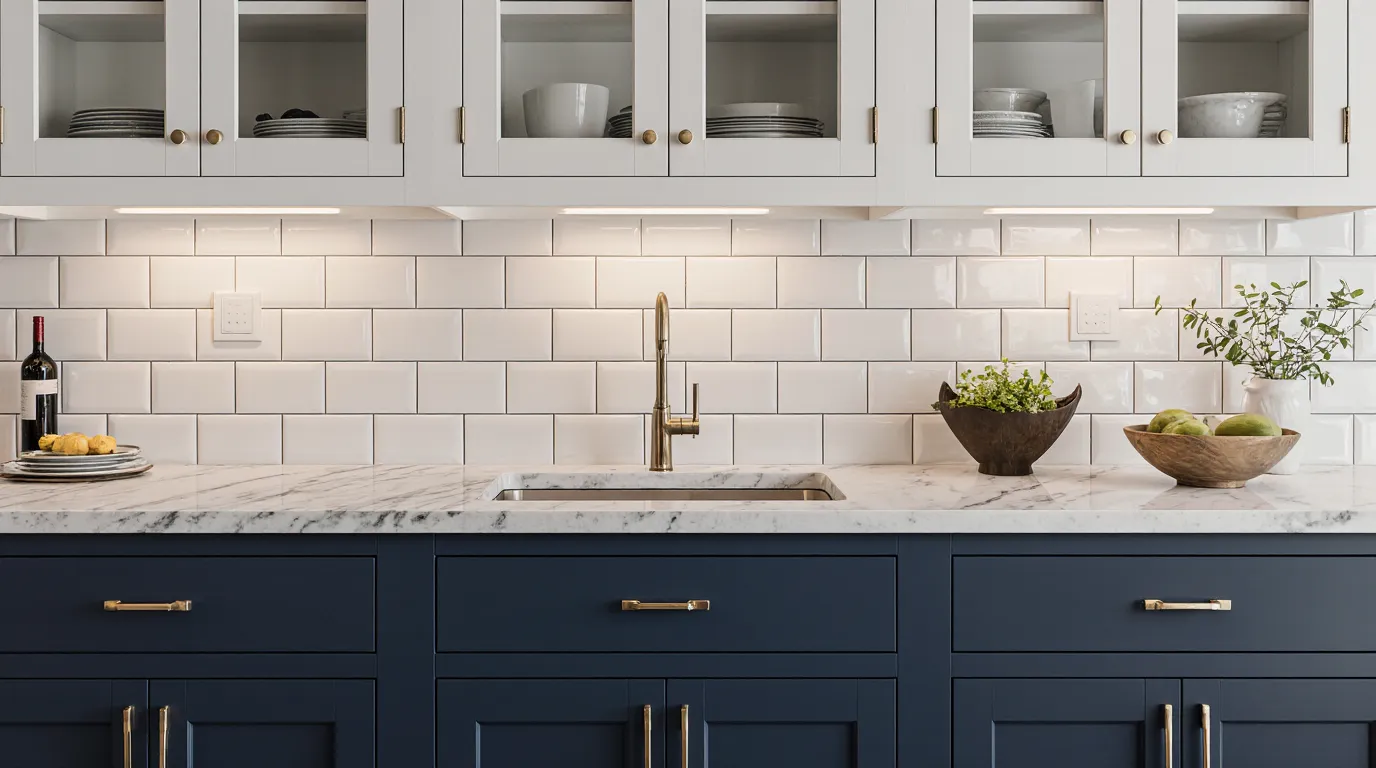 Custom kitchen cabinets MA project with navy blue shaker style and gold hardware by EBM.