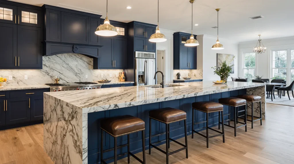 Luxury custom kitchen islands MA project with waterfall quartz edge and seating by EBM.