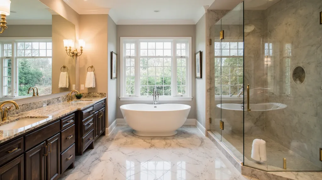 Luxury master bathroom remodeling MA project with freestanding tub and double vanity by EBM.