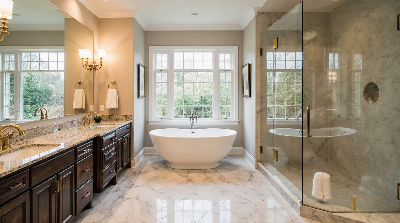Luxury master bathroom remodeling MA project with freestanding tub and double vanity by EBM.